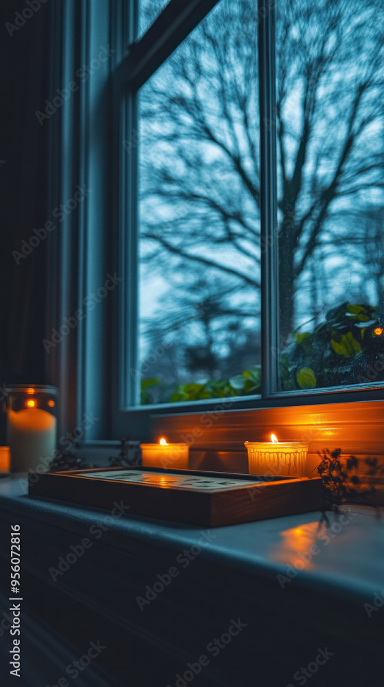 Poster a window with a view of trees and a tray of candles. the candles are lit and the mood of the image i