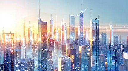 A futuristic cityscape with tall skyscrapers under a clear blue sky.
