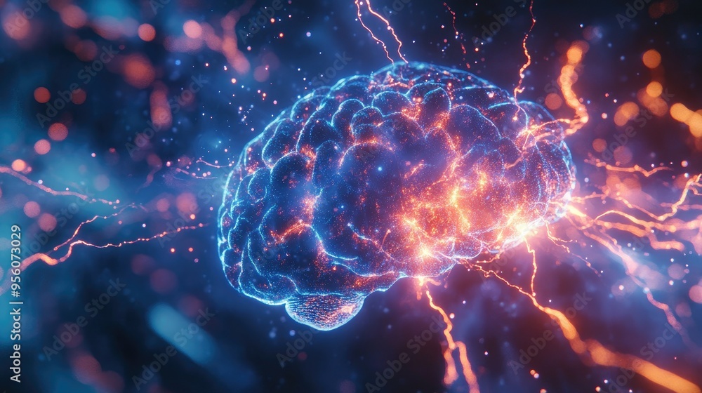 Poster close-up of a brain with electrical pulses and glowing neural connections, symbolizing intense brain