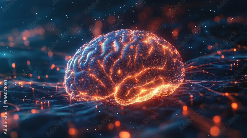 Poster close-up of a brain with electrical pulses and glowing neural connections, symbolizing intense brain