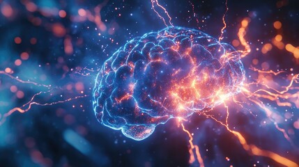 Obraz premium Close-up of a brain with electrical pulses and glowing neural connections, symbolizing intense brain activity and cognition.