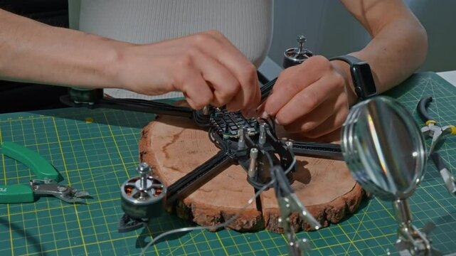 A person is working on assembling a drone on a wooden base, using tools such as a magnifying glass, pliers, and a soldering iron.