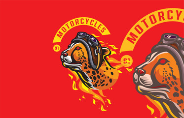 Vector logo of a cheetah wearing a brown helmet, with flames in the background, motorcycle club theme, red backdrop.