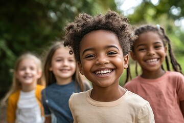 Happy boy with friends outdoors in park, diversity, friendship
