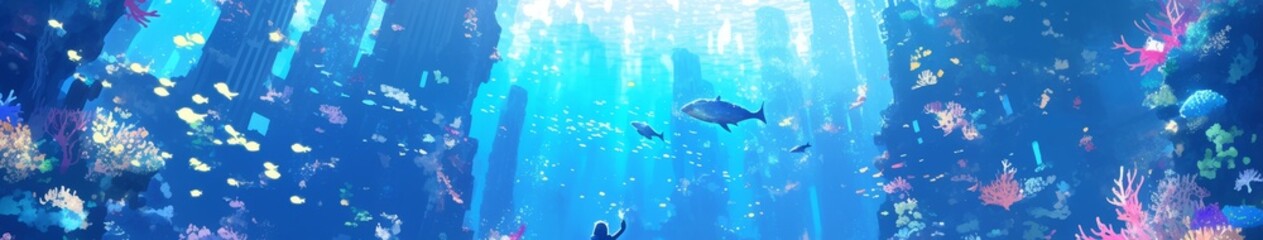 Obraz premium Enchanting Underwater Metropolis: Vibrant Anime-Style Coral Skyscrapers in Fantasy Aquatic Cityscape. Mesmerizing Illustration for Game Concept Art, NFT, Home Decor, and Apparel Design. AI-Generated 4