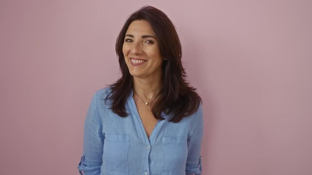 Middle-aged woman smiling warmly in front of a pink wall background