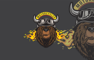 A stern bear wearing a horned helmet and goggles, smoking a cigar with flames in the background, exuding biker attitude.