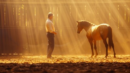 Obraz premium A man stands calmly facing a horse in a sunlit stable, with rays of light streaming through the wooden walls, creating a serene and warm atmosphere.