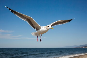 Fototapeta premium Curious Seagull Flying in Clear Blue Sky over Ocean Shoreline