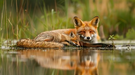 A satisfied fox and calf kids easing on a calm body of water