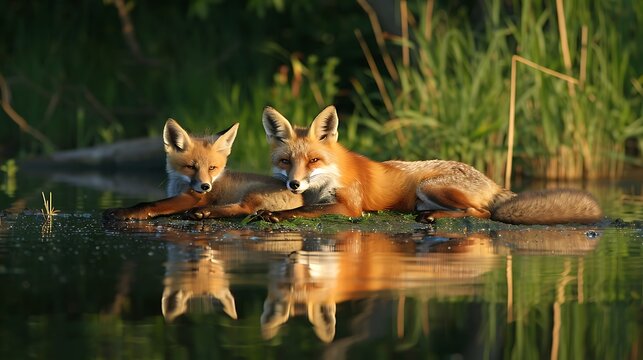 A satisfied fox and calf kids easing on a calm body of water