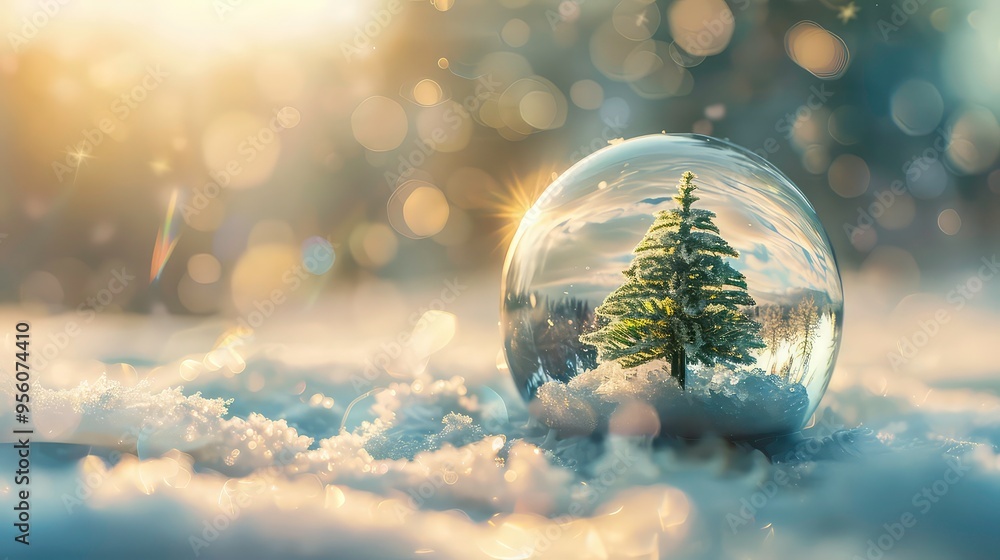 Poster a miniature christmas tree sits in a snow globe with a soft glow of the setting sun in the backgroun