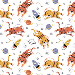 Seamless pattern with cute tiger astronauts. Vector illustration for fabric wrapping paper textile poster.