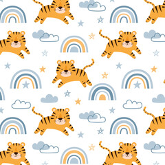 Seamless Cute hand drawn tiger pattern in the sky with rainbow cloud. Vector illustration for kids.