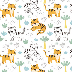 Vector hand drawn seamless pattern with cute tiger animals isolated on white background. Childish texture for fabric wrapping textile wallpaper. 