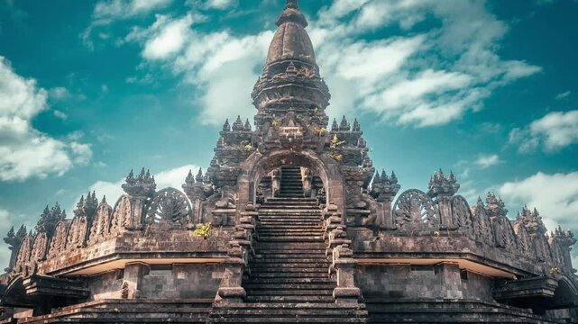 Bajra Sandhi or Monumen Taman Mumbul monument to the struggle for independence in the rays of the rising sun. Bali, Indonesia. 4K Aerial view
