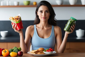Woman Choosing Healthy Foods Over Junk Food for a Better Diet