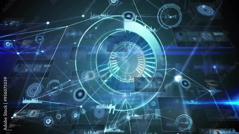 Poster futuristic digital interface with rotating elements and data visualization animation