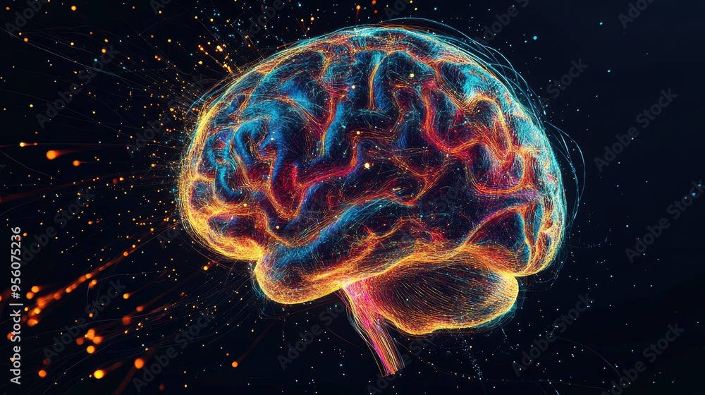 Poster dynamic 3d rendering of a human brain with colorful pathways and sparks, symbolizing active thinking