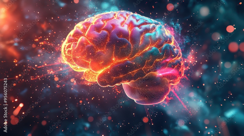 Poster dynamic 3d rendering of a human brain with colorful pathways and sparks, symbolizing active thinking