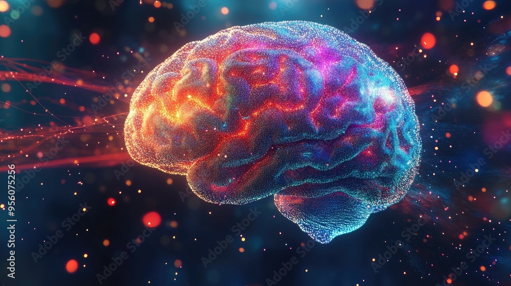 Poster dynamic 3d rendering of a human brain with colorful pathways and sparks, symbolizing active thinking