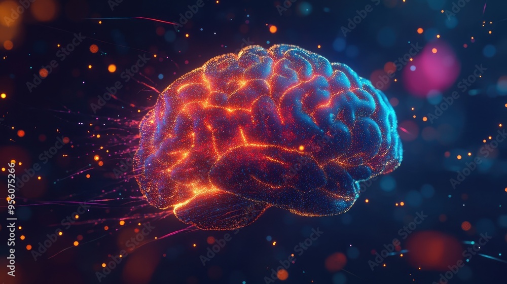 Poster dynamic 3d rendering of a human brain with colorful pathways and sparks, symbolizing active thinking