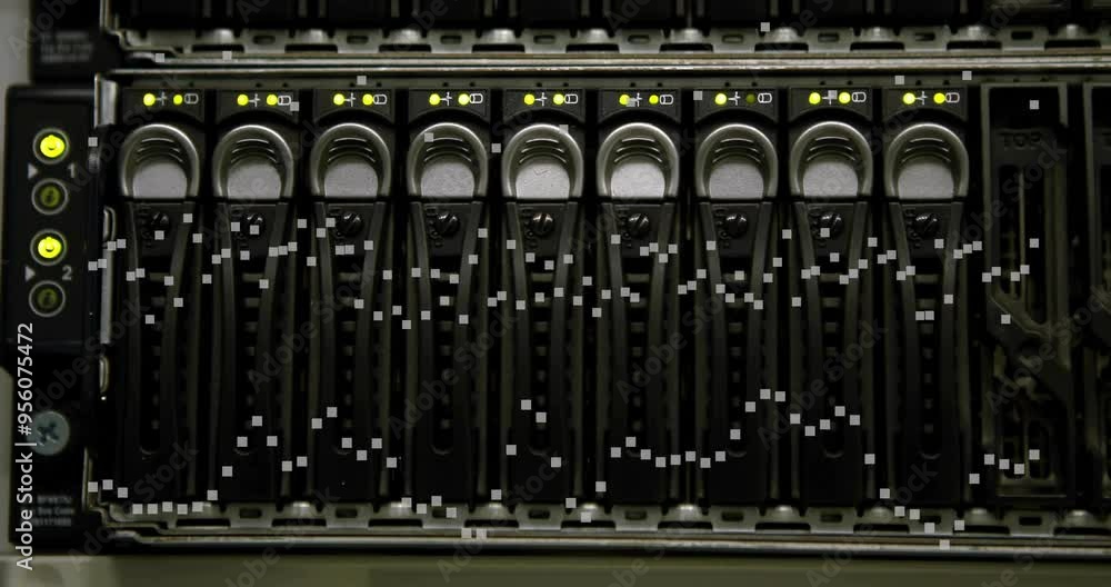 Poster server rack with blinking lights and data processing animation over hard drives