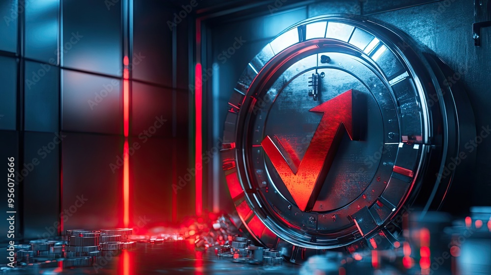 Poster red arrow inside a circular metallic vault with neon lights