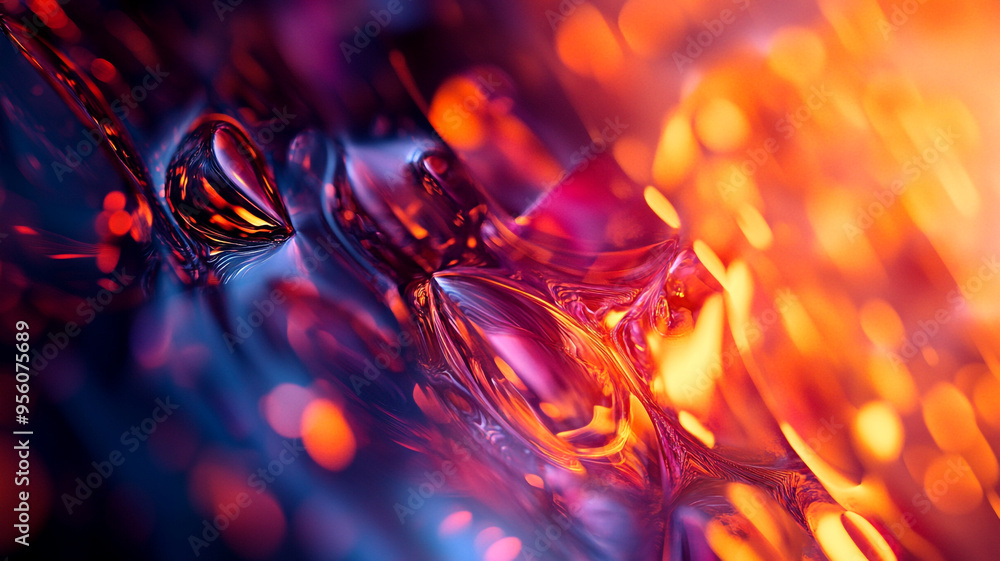 Poster abstract illustration of vibrant colorful patterns with fluid shapes and glowing textures at dusk