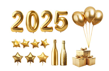 Festive collection of golden New Year’s Eve decorations.2025 balloon numbers, star balloons, champagne bottles, and gift boxes.celebratory events.with out background