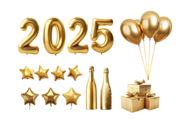 Festive collection of golden New Year’s Eve decorations.2025 balloon numbers, star balloons, champagne bottles, and gift boxes.celebratory events.with out background