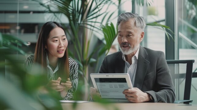 Two colleagues discuss project details while reviewing documents on a tablet in a modern, greenery-filled office setting.