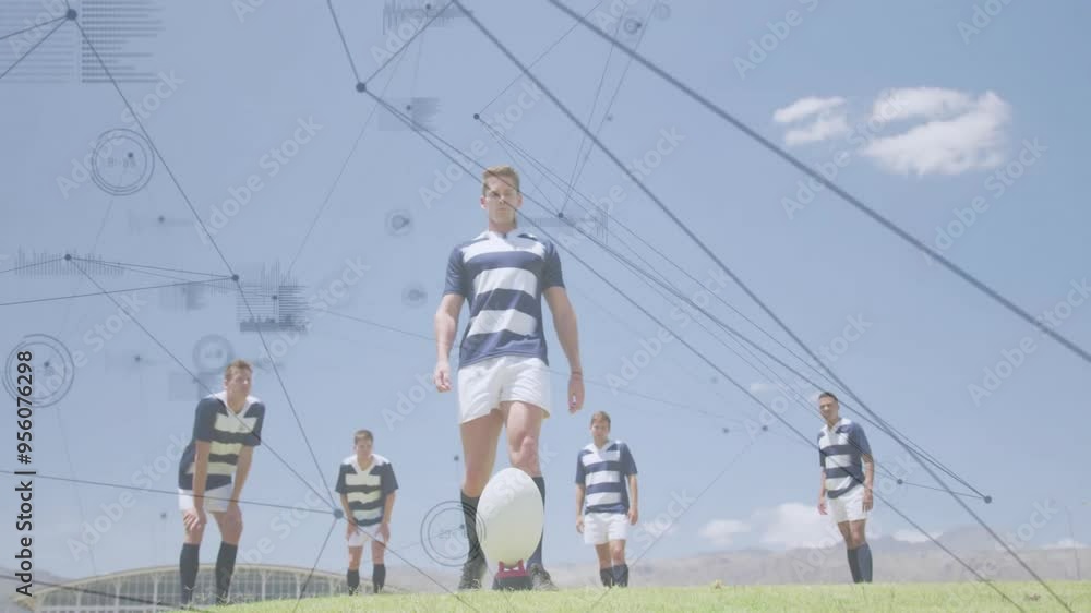 Poster rugby players on field with data processing animation over blue sky background