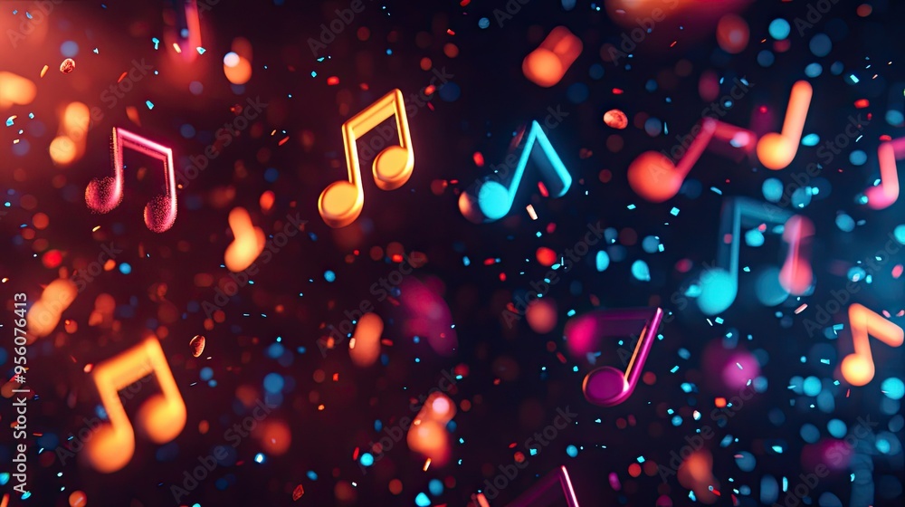 Poster glowing music notes floating on a black background, creating a vibrant and dynamic composition