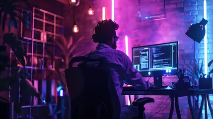 A man sits at his desk in a dimly lit room, using a computer. The room is lit with neon lights, creating a futuristic vibe.