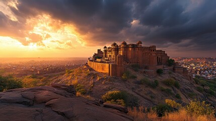 Obraz premium Golden hour over Jaswant Thada and Mehrangarh Fort, with dramatic sky, Jodhpur, India