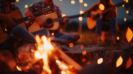 Obraz premium Group of people playing guitars around a campfire with warm bokeh lights in the background. Concepts of outdoor gatherings, music, and cozy evenings.