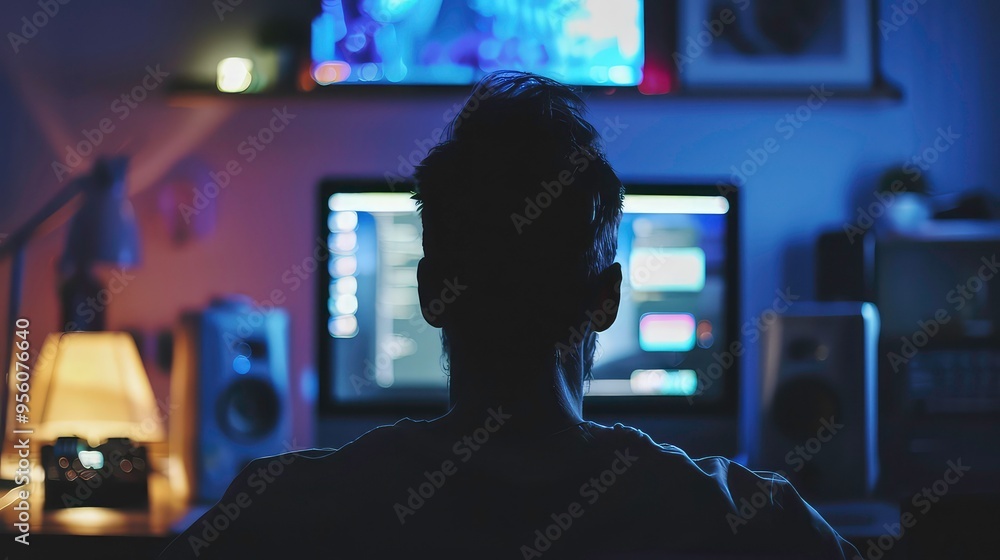Aufkleber silhouette of a man sitting in front of a computer screen in a dimly lit room.