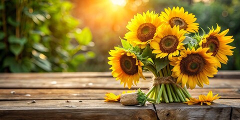 Rustic sunflower bouquet displayed on wooden plank with summer light
