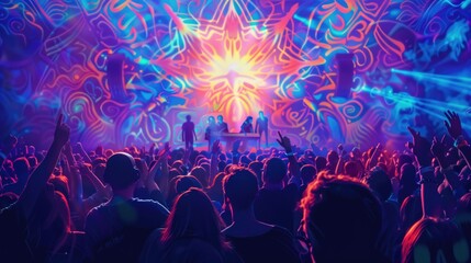 Naklejka premium Crowd of people dancing at a vibrant music festival with colorful light projections on the background. Concepts of live music, entertainment, and energetic nightlife experiences.