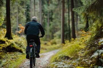 Fototapeta premium Senior man cycling in tranquil forest path