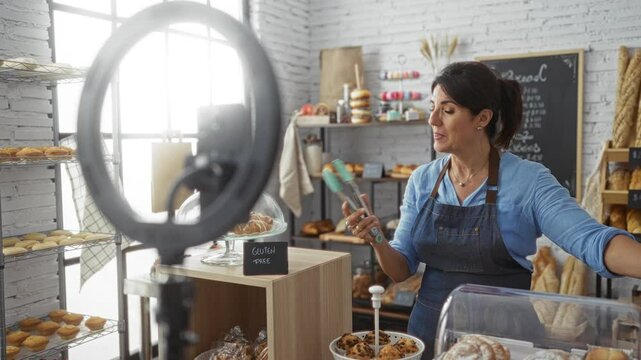 Woman preparing pastries in a bakery while recording a video for social media, showcasing a gluten-free sign, surrounded by various types of bread and baked goods indoors.