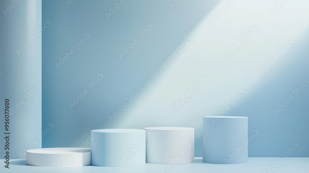 Poster light blue backdrop with podiums at different heights, perfect for displaying products in a clean an