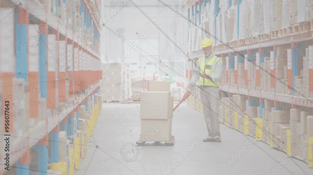 Poster warehouse worker pulling cart with boxes, network connections animation over scene