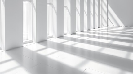 Obraz premium Sunlight streaming through tall windows casting long shadows on a minimalist white floor. Concepts of modern architecture, natural light, and serene spaces.