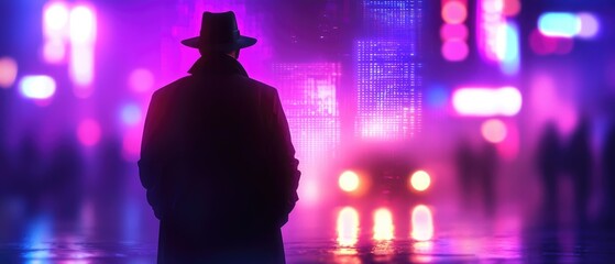 A detective reviewing digital materials linked to a felony, neon-lit surroundings, holographic data streams floating, sci-fi noir, sharp contrast