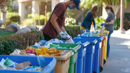 Individuals sorting recyclables into labeled bins outdoors wearing face masks and gloves. Concepts of environmental responsibility, recycling, and community efforts.