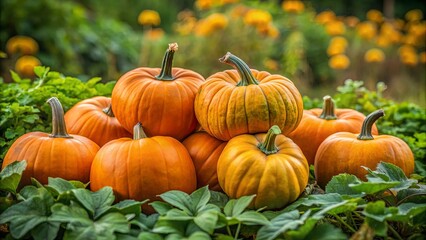 Cluster of pumpkins in green foliage on overcast day