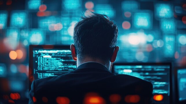 A lawyer in a dark, neon-lit office conducting an inquiry into digital materials from a felony case, glowing holograms, cyberpunk, sharp detail