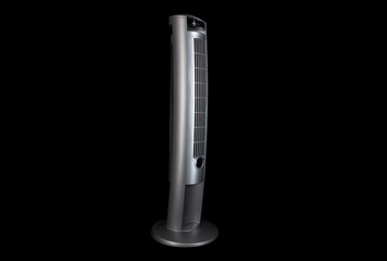 Isolated high quality picture on a black background of a Modern Style Oscillating Tower Fan for modern homes, apartments, houses, living rooms, bedrooms and offices